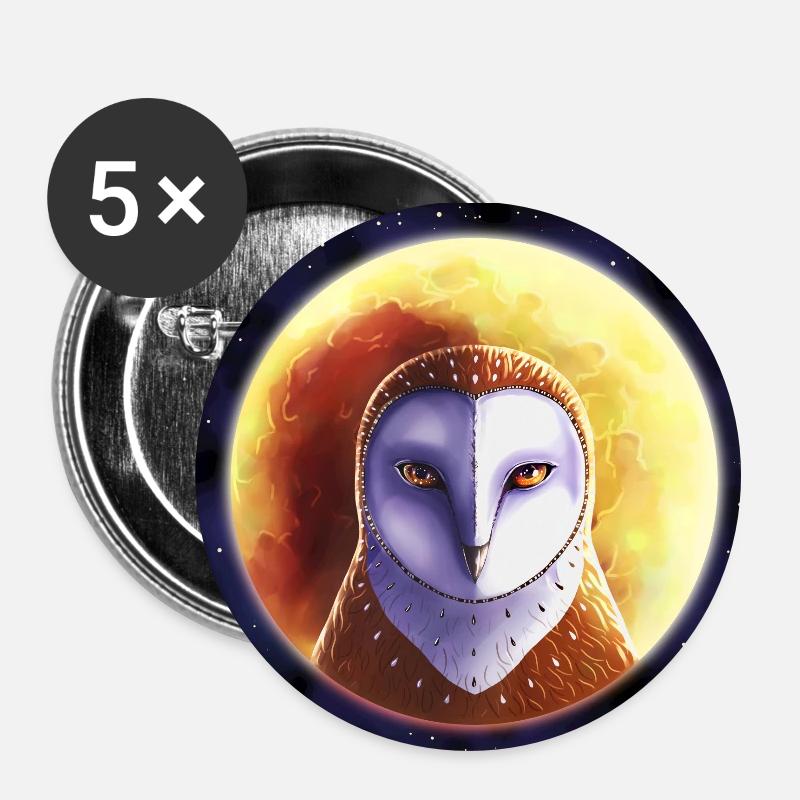 Hibou devant la lune - Lot de 5 petits badges (25 mm) - blanc
