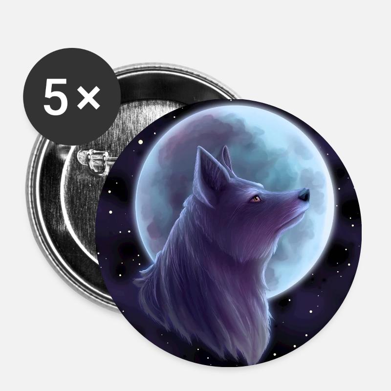 Wolf vor Mond | Silber - Buttons klein 25 mm (5er Pack) - Weiß