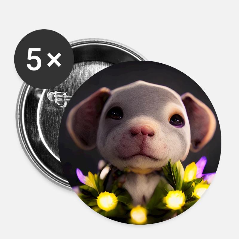 petit pit-bull mignon avec des fleurs - Lot de 5 petits badges (25 mm) - blanc