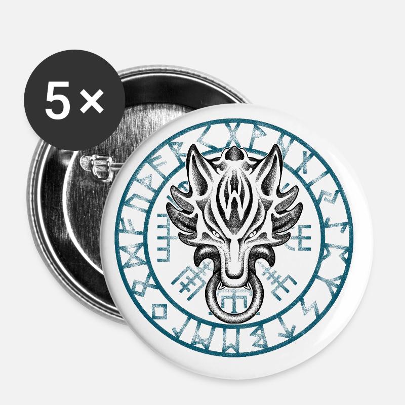 Vegvisir & Fenrir full dotwork tattoo art - Buttons small 1''/25 mm (5-pack) - white