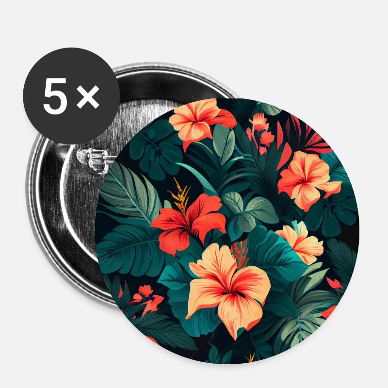 Tropical Flowers Floral - Buttons small 1''/25 mm (5-pack) - white