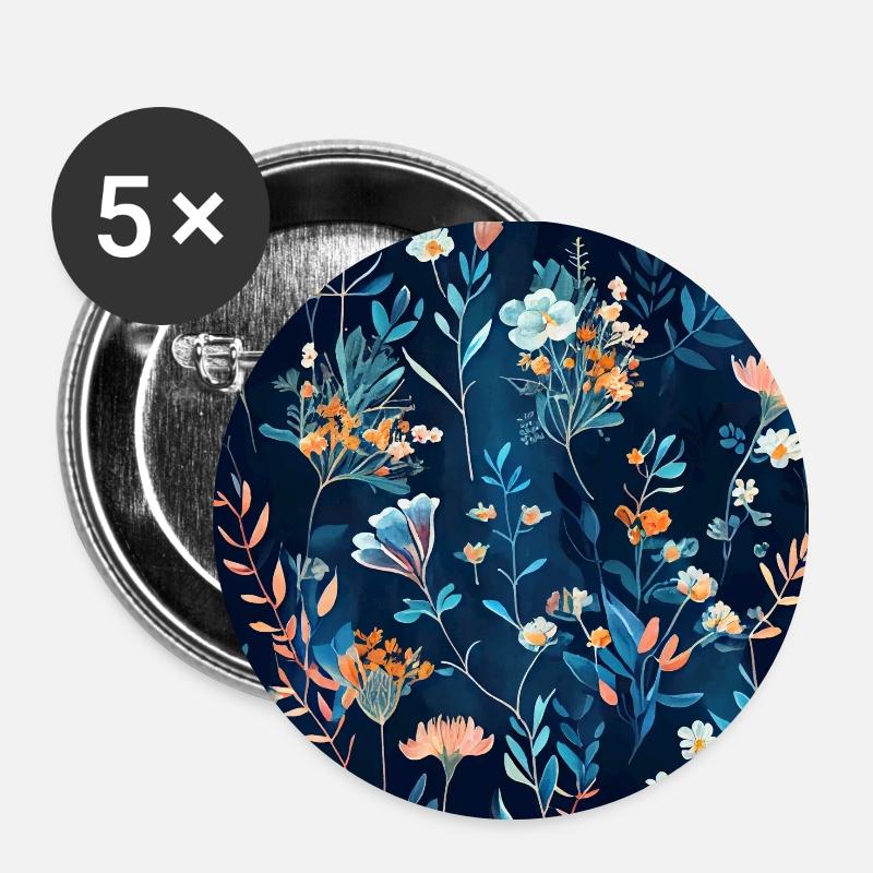Wildflowers Floral Blue - Buttons small 1''/25 mm (5-pack) - white