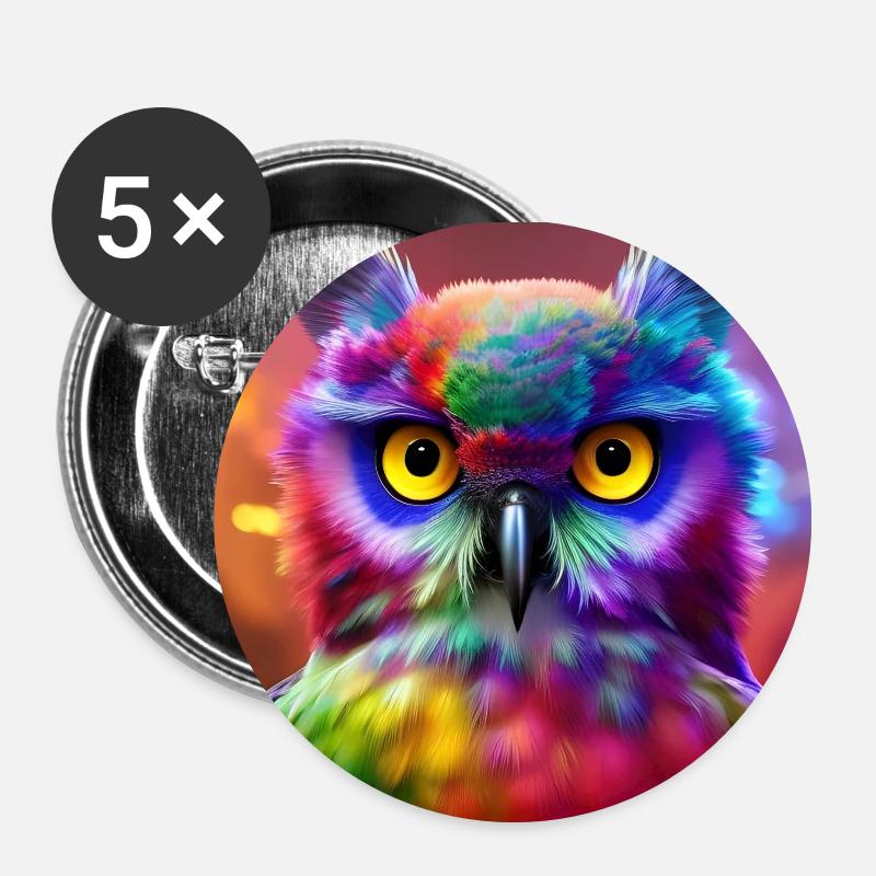 Eule, Regenbogen, Bunt - Buttons klein 25 mm (5er Pack) - Weiß