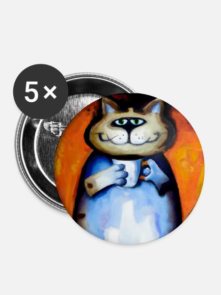 grinsende Katze mit ihrem Kaffee - Buttons klein 25 mm (5er Pack) - Weiß