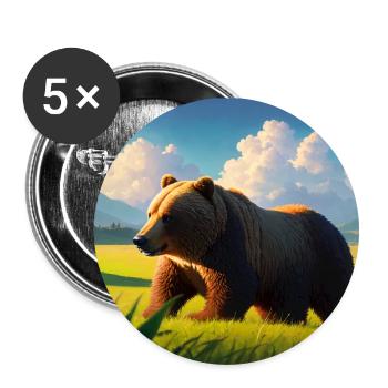 Cute Brown Bear Artwork with Straw Hat Meadow Art - Buttons small 1''/25 mm (5-pack) - white - Front