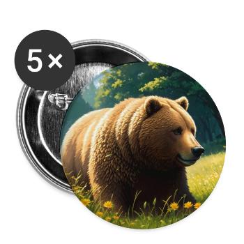 Cute Brown Bear Artwork with Straw Hat Meadow Art - Buttons small 1''/25 mm (5-pack) - white - Front