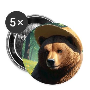 Cute Brown Bear Artwork with Straw Hat Meadow Art - Buttons small 1''/25 mm (5-pack) - white - Front