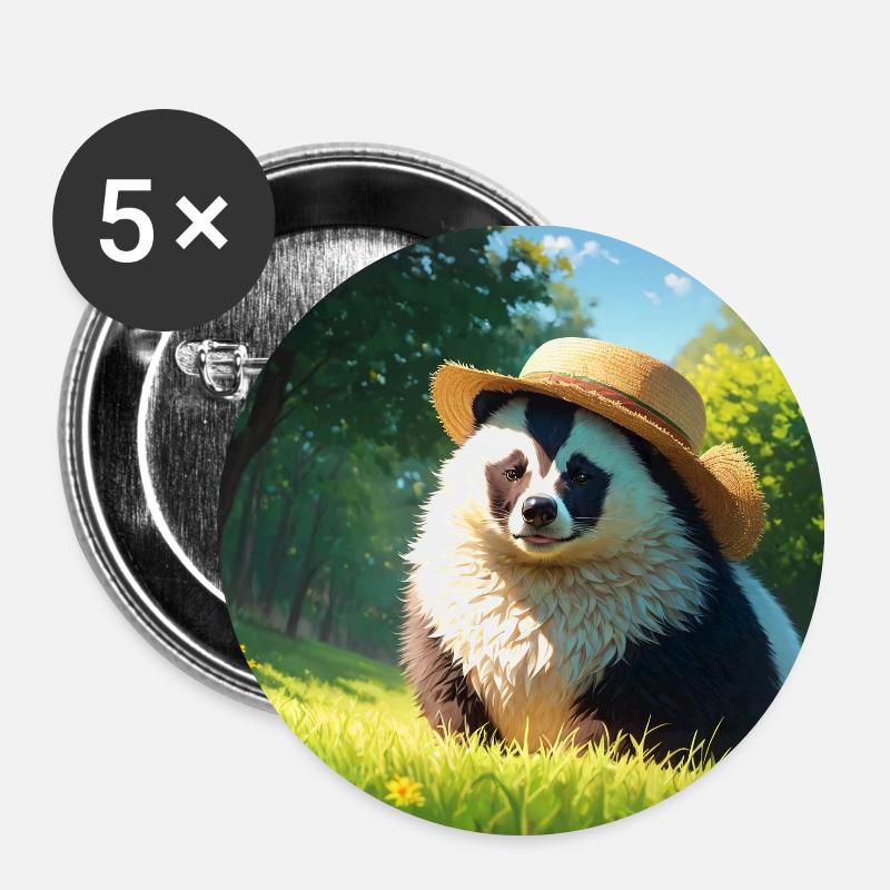 Œuvre d’art de blaireau mignon avec Straw Hat Badgers Meadow - Lot de 5 petits badges (25 mm) - blanc