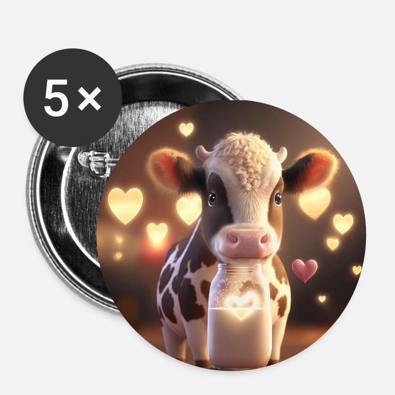 Vache mignonne avec des cœurs - Lot de 5 petits badges (25 mm) - blanc