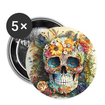 Skull Art Watercolor Flower Design 2 - Buttons small 1''/25 mm (5-pack) - white - Front