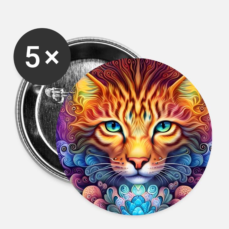 de chat psychédélique. - Lot de 5 petits badges (25 mm) - blanc