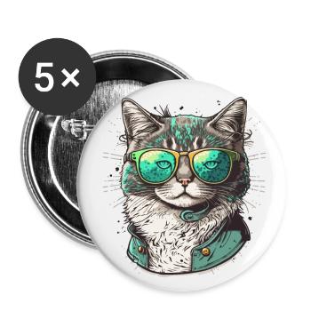 Chat cool - Lot de 5 petits badges (25 mm) - blanc - Devant