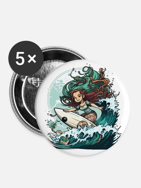 Surfende Sirene - Buttons klein 25 mm (5er Pack) - Weiß