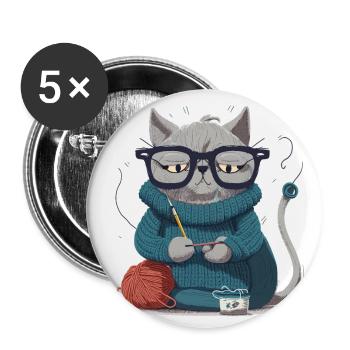 Strickende Katze - Buttons klein 25 mm (5er Pack) - Weiß - Vorne