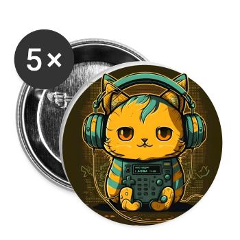 Cyber Cat with headphones - Buttons small 1''/25 mm (5-pack) - white - Front