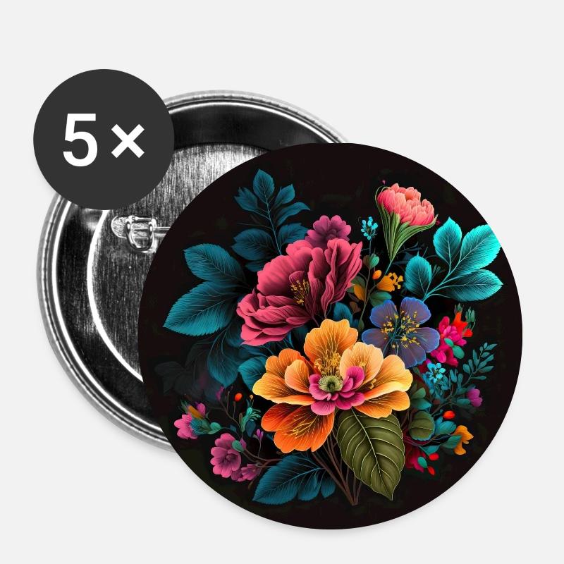 Motif de fleurs botaniques - Lot de 5 petits badges (25 mm) - blanc