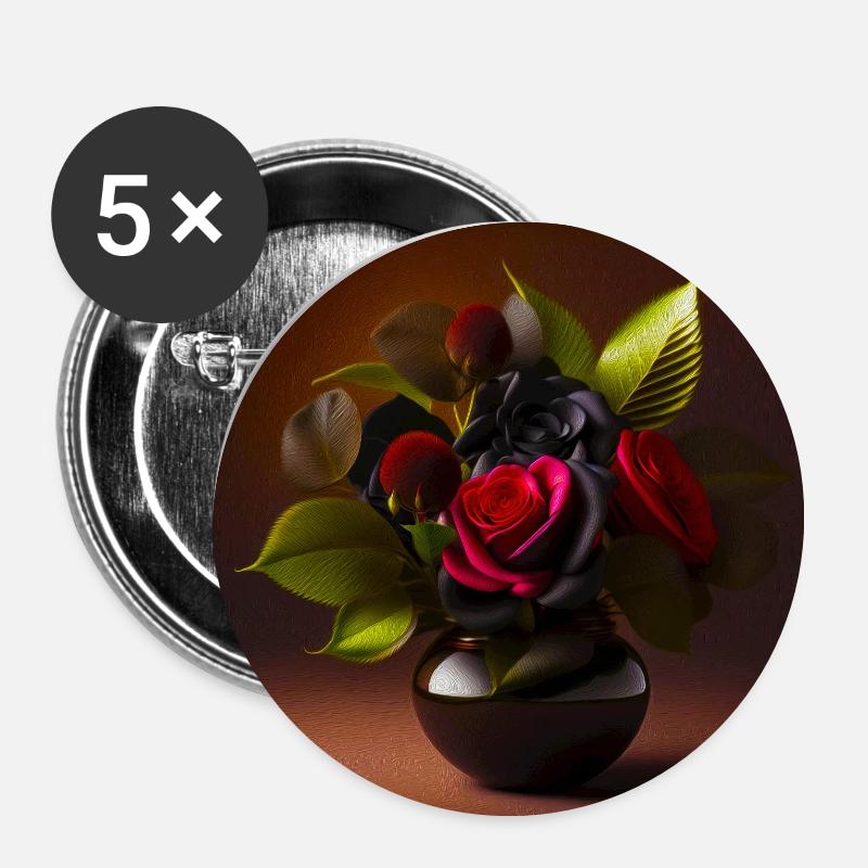Roses noires et rouges - Lot de 5 petits badges (25 mm) - blanc