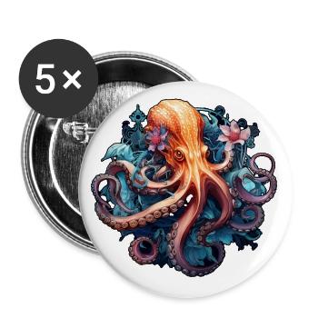 Beautiful octopus with flowers boho style - Buttons small 1''/25 mm (5-pack) - white - Front