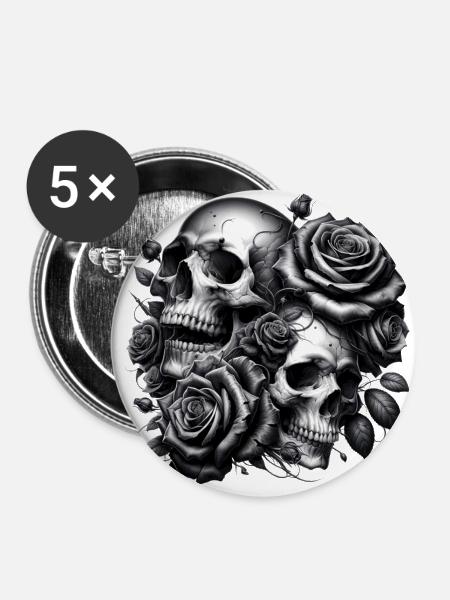 Skulls and Roses - Buttons klein 25 mm (5er Pack) - Weiß