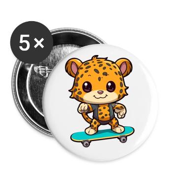 Lustiger Leopard Kawaii Cartoon spielt Skateboard - Buttons klein 25 mm (5er Pack) - Weiß - Vorne