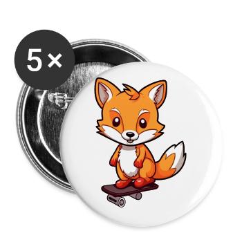 Lustiger Fuchs Kawaii Cartoon Haustier spielt Skateboard - Buttons klein 25 mm (5er Pack) - Weiß - Vorne