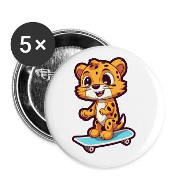 Lustiger Gepard Kawaii Cartoon spielt Skateboard - Buttons klein 25 mm (5er Pack) - Weiß - Vorne