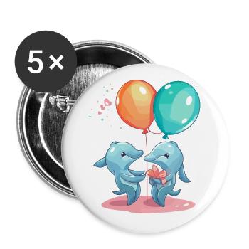 Delfine Kawaii Cartoon Haustier spielt mit Luftballons - Buttons klein 25 mm (5er Pack) - Weiß - Vorne