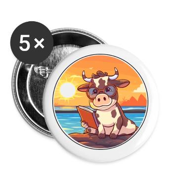 Vache Mignon Drôle Dessin Animé Kawaii Livre Plage - Lot de 5 petits badges (25 mm) - blanc - Devant