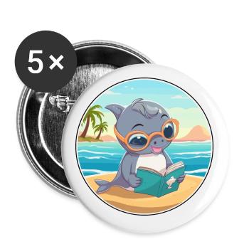 Dauphin Mignon Drôle Dessin Animé Kawaii Livre Plage - Lot de 5 petits badges (25 mm) - blanc - Devant