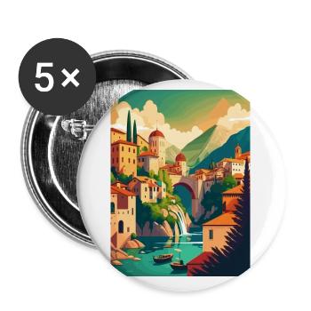 Mostar, Bosnie-Herzégovine, Pont de Stari Most Koski - Lot de 5 petits badges (25 mm) - blanc - Devant
