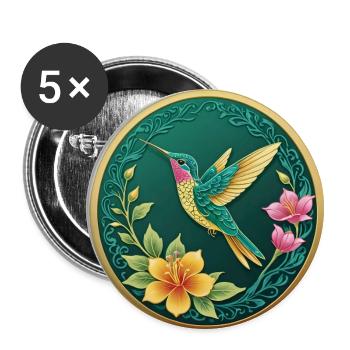 Fancy coin hummingbird on flowers - Buttons small 1''/25 mm (5-pack) - white - Front