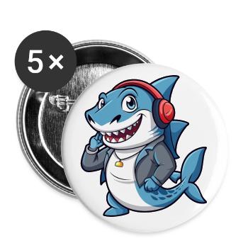 Hai Lustige Zeichentrickfigur Kopfhörer Musik - Buttons klein 25 mm (5er Pack) - Weiß - Vorne