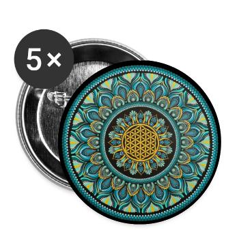Blume des Lebens | Blau und Gold | Punktkunst - Buttons klein 25 mm (5er Pack) - Weiß - Vorne