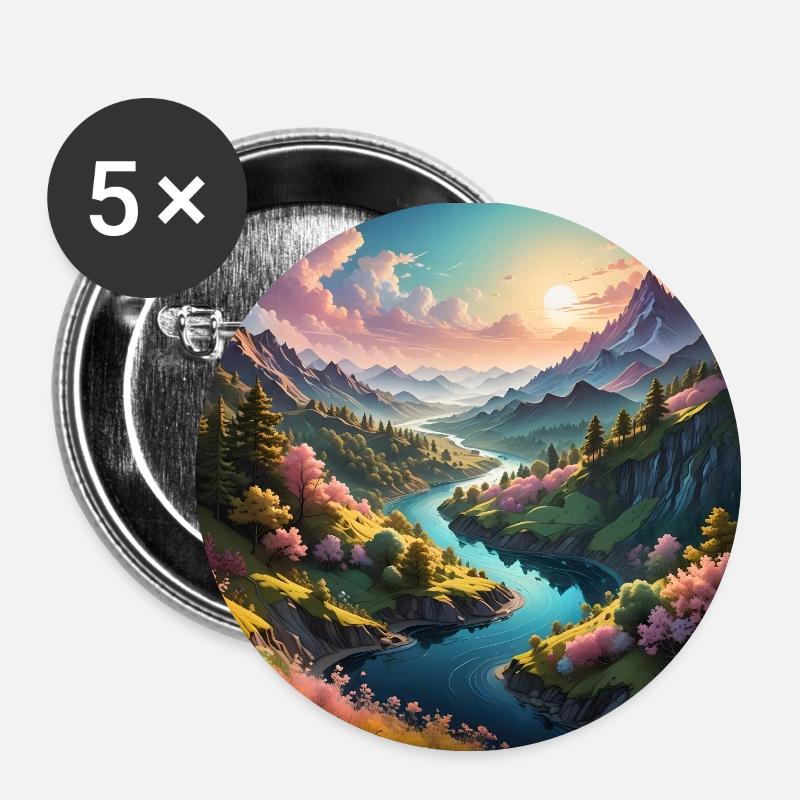 Tal mit Fluß - Buttons klein 25 mm (5er Pack) - Weiß