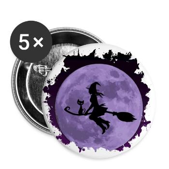 Sorcière avec chat doux « Catrina » sur balai avec la lune - Lot de 5 petits badges (25 mm) - blanc - Devant