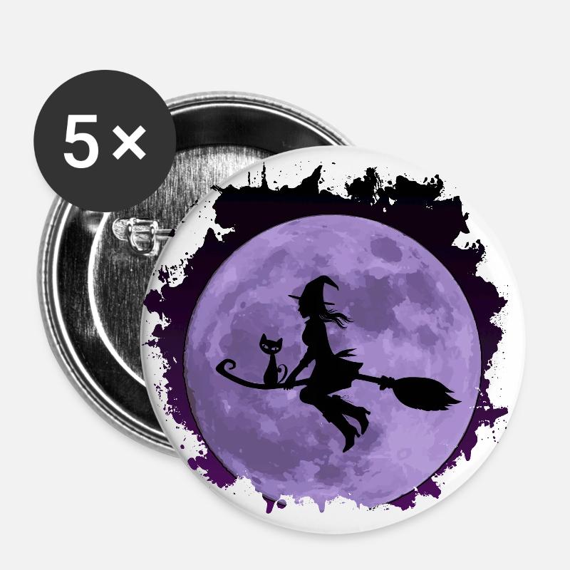 Witch with sweet cat "CatRina" on broom with moon - Buttons small 1''/25 mm (5-pack) - white