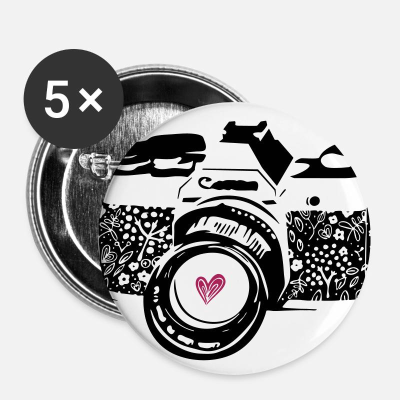 Kamera Schwarz mit Blumen - Buttons klein 25 mm (5er Pack) - Weiß