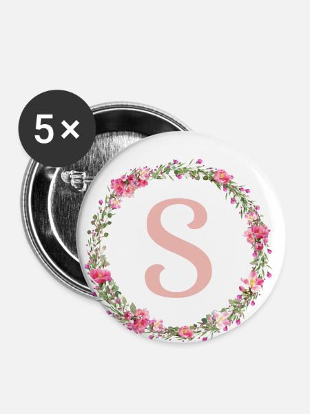 S Monogramm, Blumen-Kranz, personalisierbar - Buttons klein 25 mm (5er Pack) - Weiß