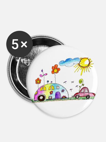 Camping-Caravan mit Auto - Buttons klein 25 mm (5er Pack) - Weiß
