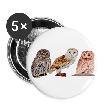 Trio de chouettes - Lot de 5 petits badges (25 mm) - blanc - Devant