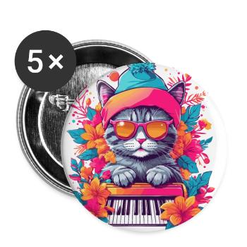 Cute Cat with Piano - Buttons small 1''/25 mm (5-pack) - white - Front