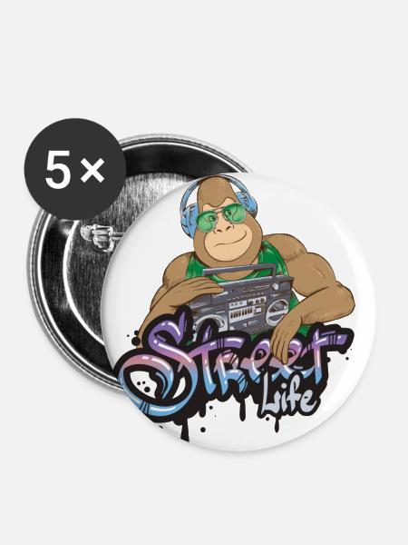 Gorilla Hiphop - Buttons klein 25 mm (5er Pack) - Weiß