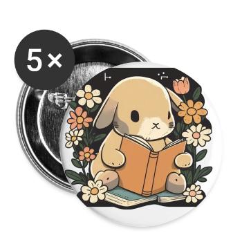 Bunny lit livre lapin rat de bibliothèque lire des livres - Lot de 5 petits badges (25 mm) - blanc - Devant