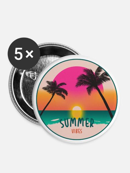 SUMMER VIBES - Retro-Grafik mit Sommerstimmung - Buttons klein 25 mm (5er Pack) - Weiß