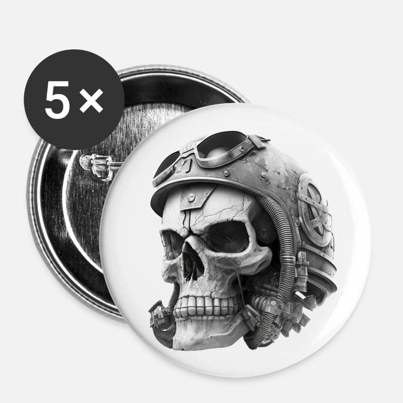 Skull with helmet - Buttons small 1''/25 mm (5-pack) - white