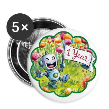 1 Jahr 1. Geburtstag Roboter auf Blumenwiese - Buttons klein 25 mm (5er Pack) - Weiß - Vorne