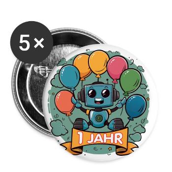 1 Jahr Geburtstag Kleiner Roboter mit Luftballons - Buttons klein 25 mm (5er Pack) - Weiß - Vorne