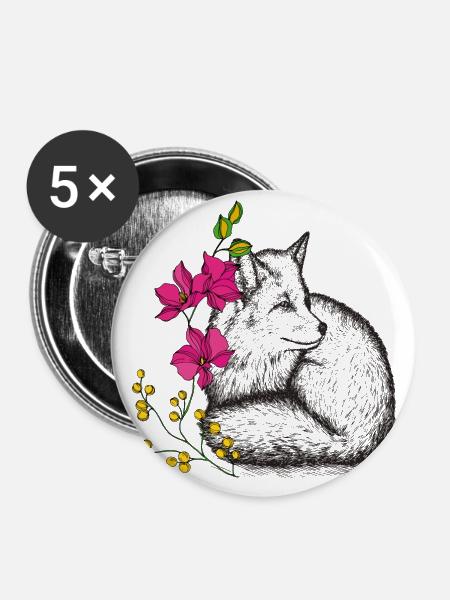 Fuchs mit Blumen - Buttons klein 25 mm (5er Pack) - Weiß