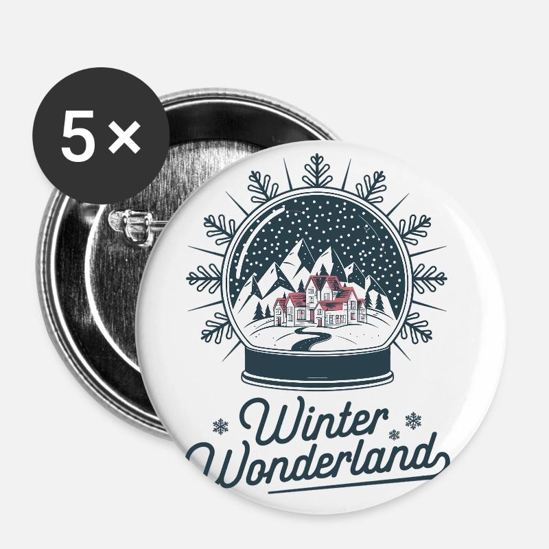 Winterwunderland – Schneekugel mit Dorf - Buttons klein 25 mm (5er Pack) - Weiß