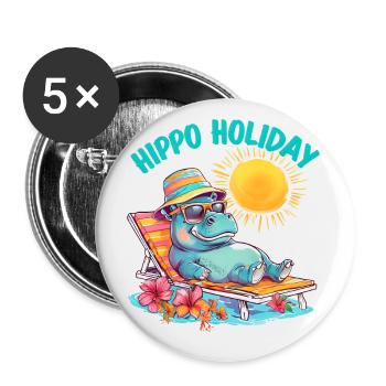 Hippo Holiday - Cooles Nilpferd auf Sonnenliege - Buttons klein 25 mm (5er Pack) - Weiß - Vorne
